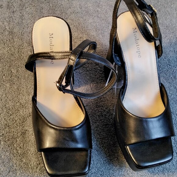 🖤 Modatope Black Platform Block Heels Size 6 Sandals Open Toe Pumps Ankle Strap - Picture 1 of 13